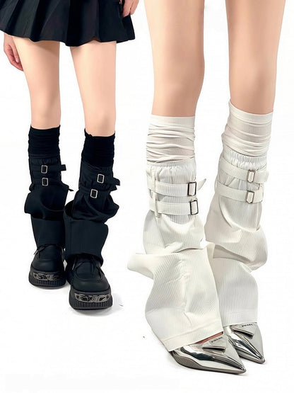 Fake Two-Piece Black/White Vertical Straps with Metal Punk Design Buckle Striped Warmers Leg Pattern