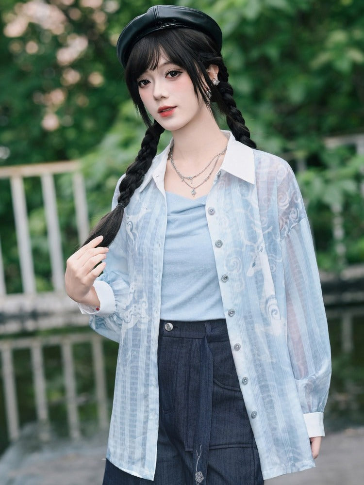 Blue Loose Sun Protection Chiffon Long Sleeve Shirt with Deer Print - Quirky Hut