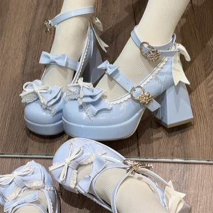 Mary Lolita Round-Toe Bow and with A Heel 8cm Janes Heels Delicate in Elegant - Blue White