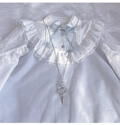 ジライケイ ライトブルー レースパッチショルダー ランドマインスタイル レーストリム ロングスリーブドレス