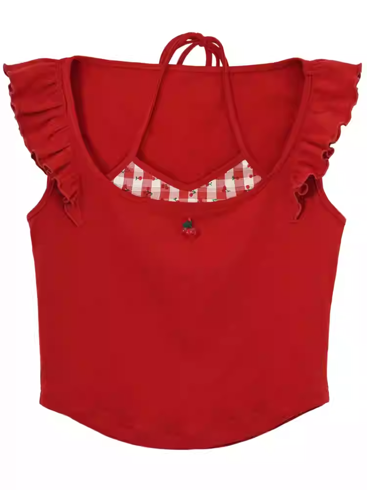 Rotes Neckholder-Tanktop mit flatternden Ärmeln und Kirschstickerei am Ausschnitt