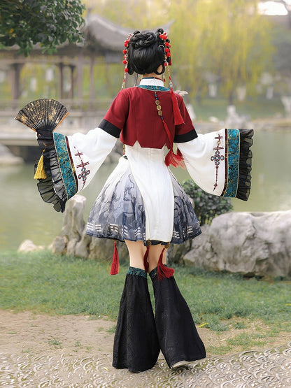 Wide Sleeves Chinese Knot Embroidery Han Lolita Dress Fox Patch Cropped Top Set - Unknown Star
