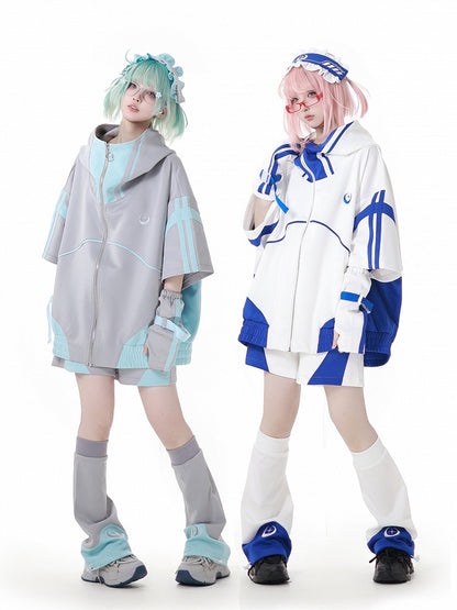 青と白のジライケイテックウェアストラップデザイン半袖ジッパーパーカー