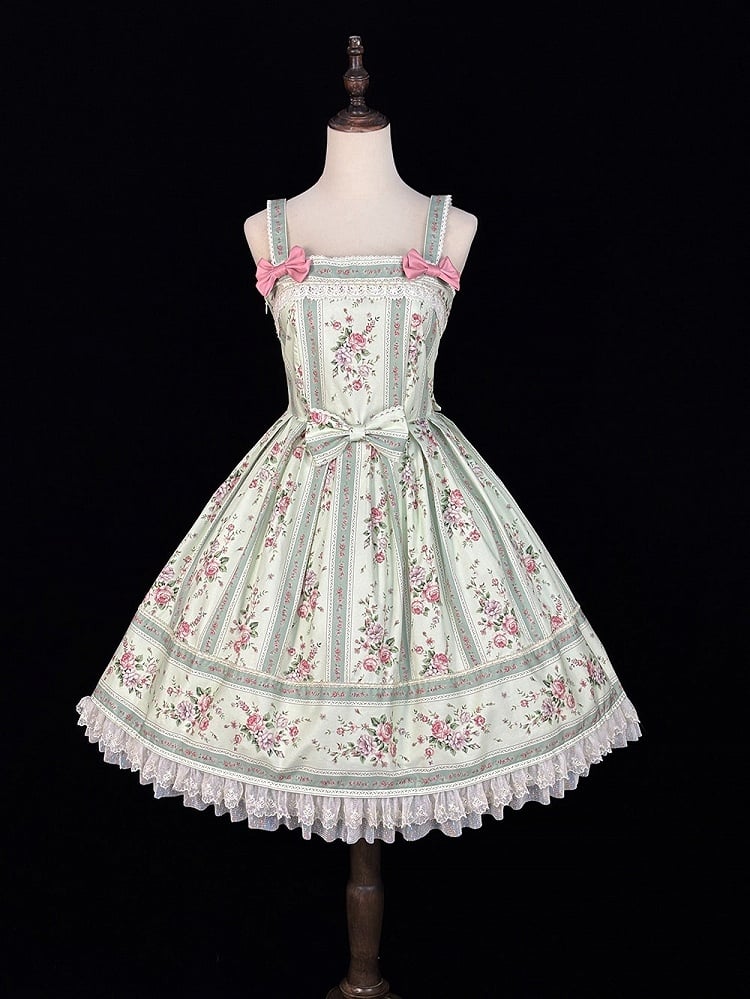 Light Green Box Pleat Skirt Lolita JSK Dress with Floral Print & Back Lace-Up - Miss Cube Dressworks