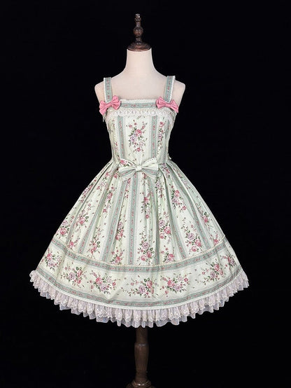 Light Green Box Pleat Skirt Lolita JSK Dress with Floral Print & Back Lace-Up - Miss Cube Dressworks