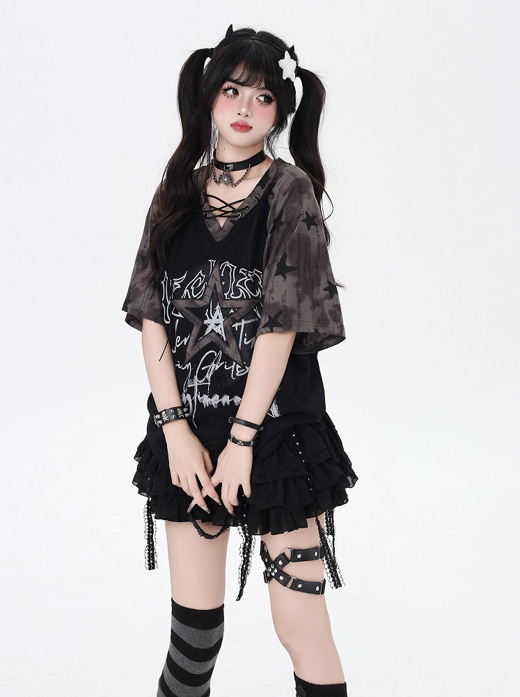 デザイン レースアップ Vネック スター Tシャツ ルーズ ブラック カラーブロック プリント