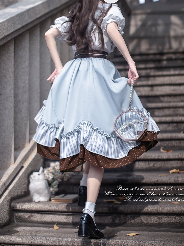 Puff Sleeves Blouse with White Pleating Details Neckline Ruffle