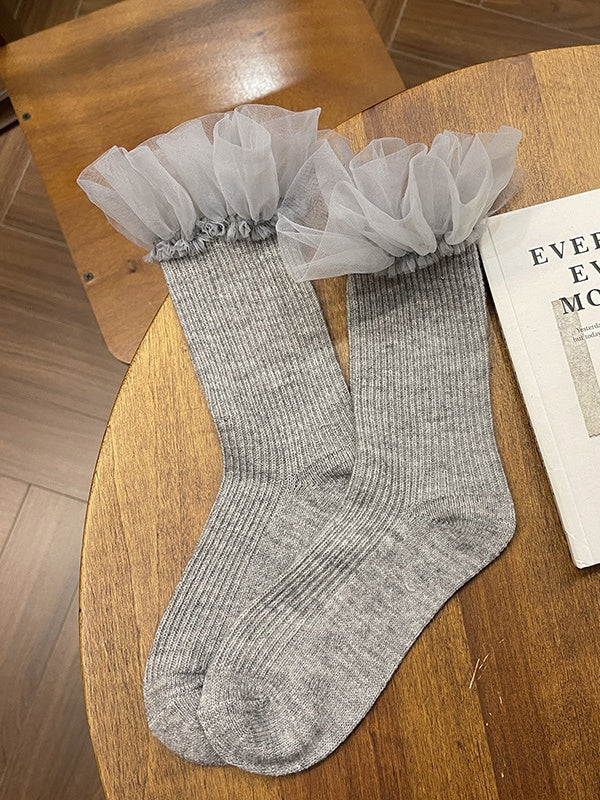 White Sweet Lace Trim Calf Socks