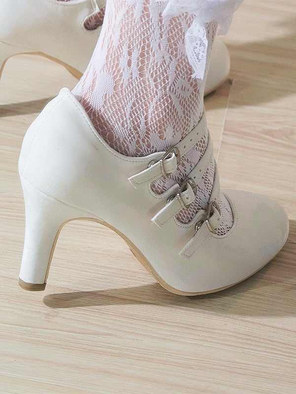 Lolita High-heel Suede Fashion Elegant Detail Strap White Buckle for with Janes Mary Triple