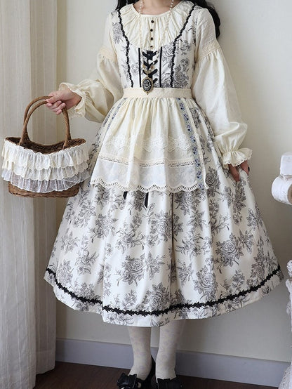 Beige & Black Rosette Print Long-sleeved Elegant Classic Lolita Dress