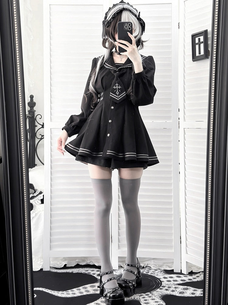 Sailor Collar Dress Set with Shorts and Tie - Ekomi