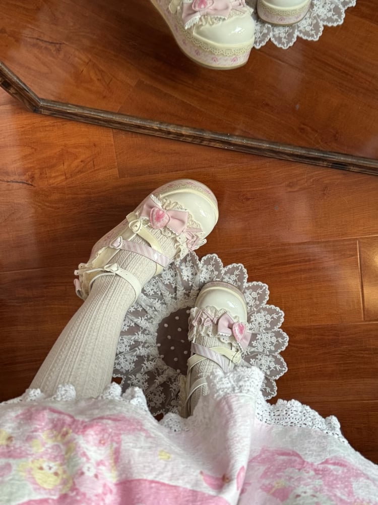 Sweet White Mary Jane Strawberry Chocolate Platforms Cake Lolita Shoes