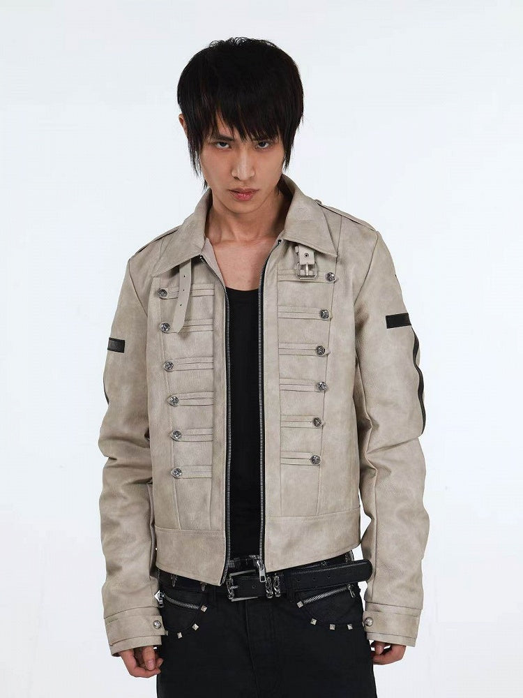 Genderless Punk Milk White Double-Breasted Decorative Faux Leather Jacket with Cross Pattern - DETW OnLine