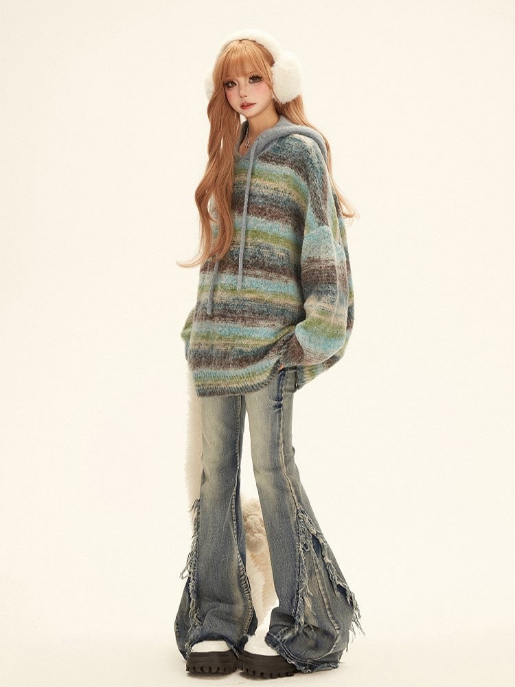 with Raw Slimming Seams Blue Side Jeans Hem Flare Fit Floor-Length