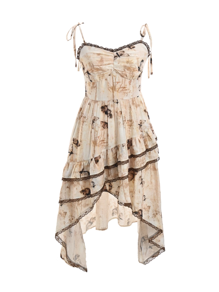 Vintage Butterfly Print Handkerchief Hem Dye Apricot Tie Spaghetti Strap Dress