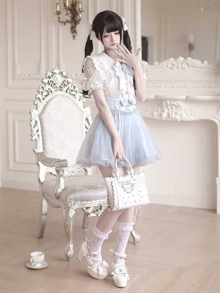 Blue Bubble Skirt with Detachable Rhinestone Bow - Ekomi