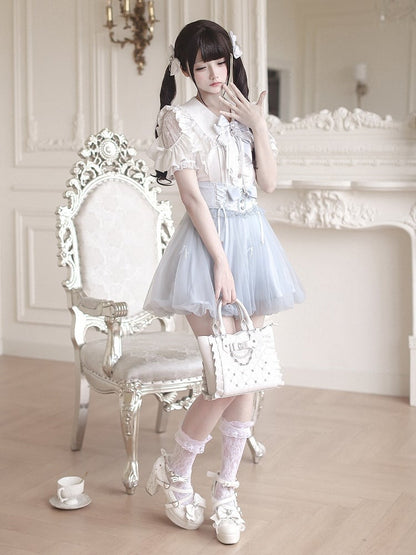 Blue Bubble Skirt with Detachable Rhinestone Bow - Ekomi