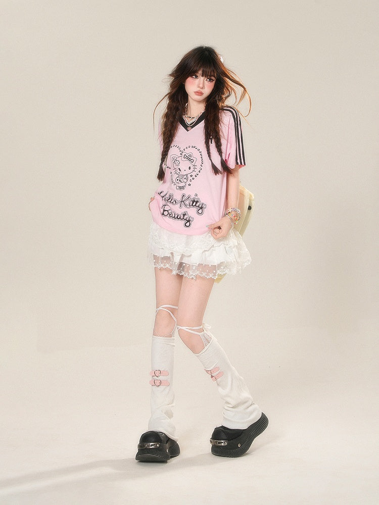 Pink V-Neck Kitty Print Contrast Loose T-Shirt Black Trim