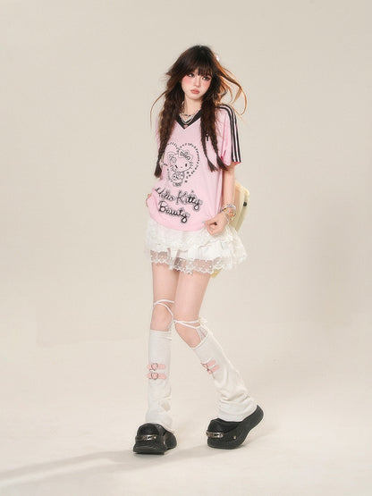 Pink V-Neck Kitty Print Contrast Loose T-Shirt Black Trim