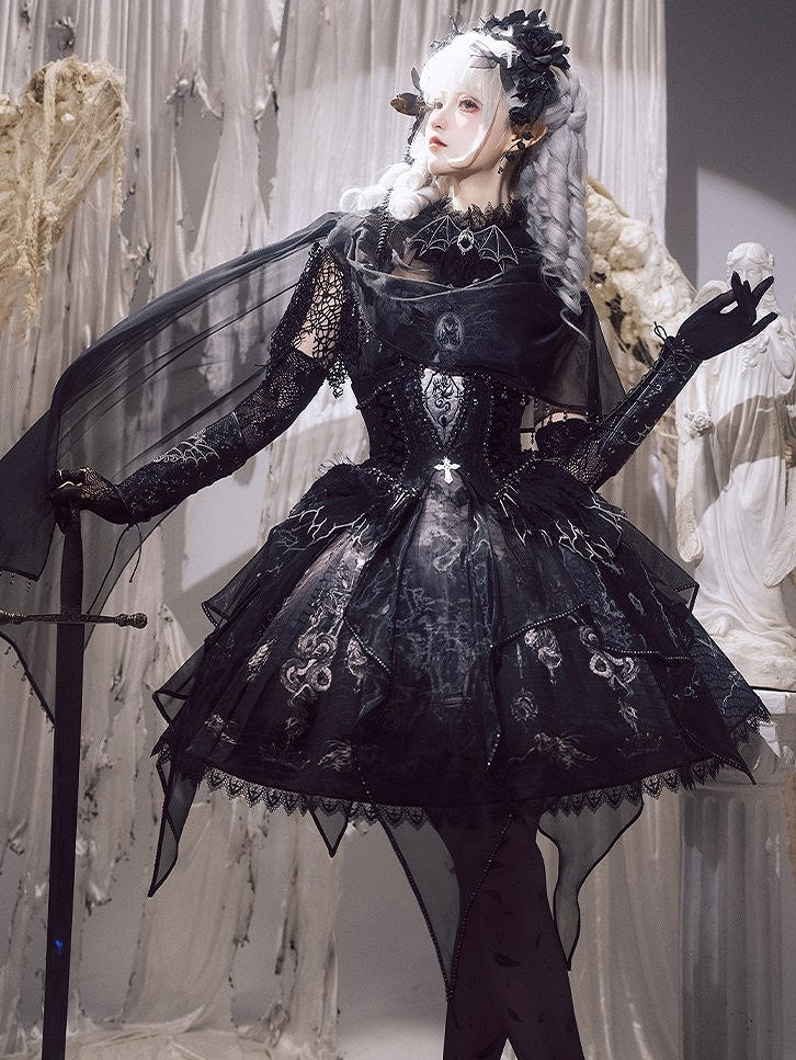 Black & Gray Bone Dragon Embroidery Halter Neck Gothic Lolita Dress Set - Ying Luo Fu