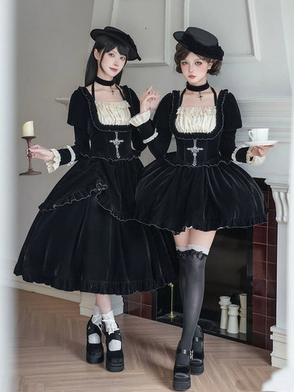 Autumn/Winter Lolita Waist + Brooch Boned for Choker Black Velvet Dress Set Version Bow Basque Short Hat