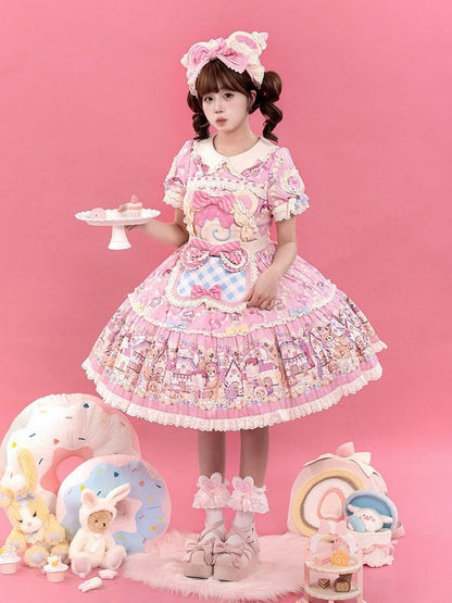 Bear Cake Theme Sweet Lolita OP Dress with Floral Print Skirt & Lace Trim - Mewroco