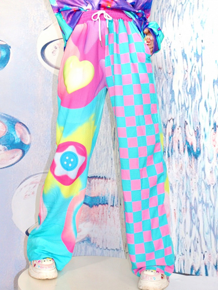 Bunte Hose mit Sterndruckmuster im Y2K-Stil und weitem, kariertem Schnitt