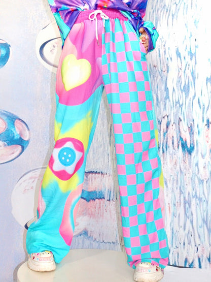 Bunte Hose mit Sterndruckmuster im Y2K-Stil und weitem, kariertem Schnitt