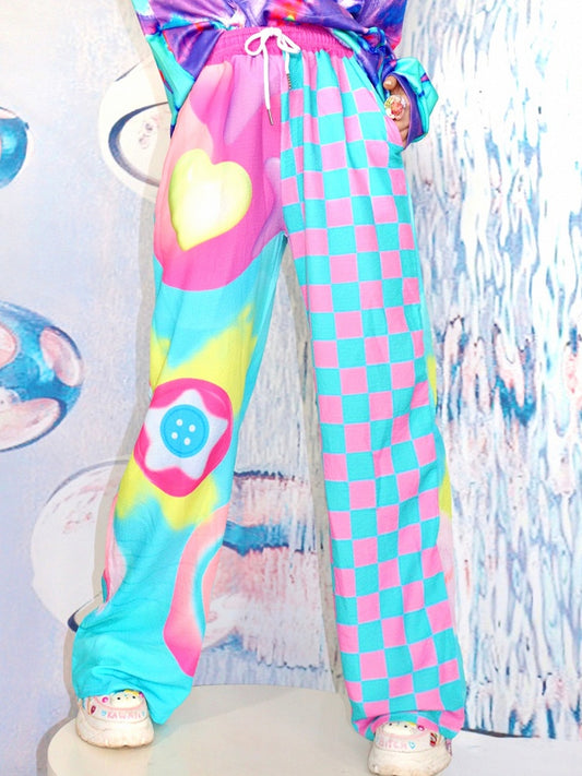 Bunte Hose mit Sterndruckmuster im Y2K-Stil und weitem, kariertem Schnitt