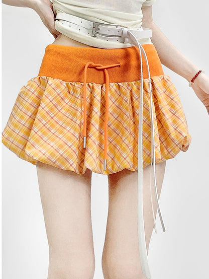Skirt Glamorous Plaid Orange Pattern Bubble Mini Y2K