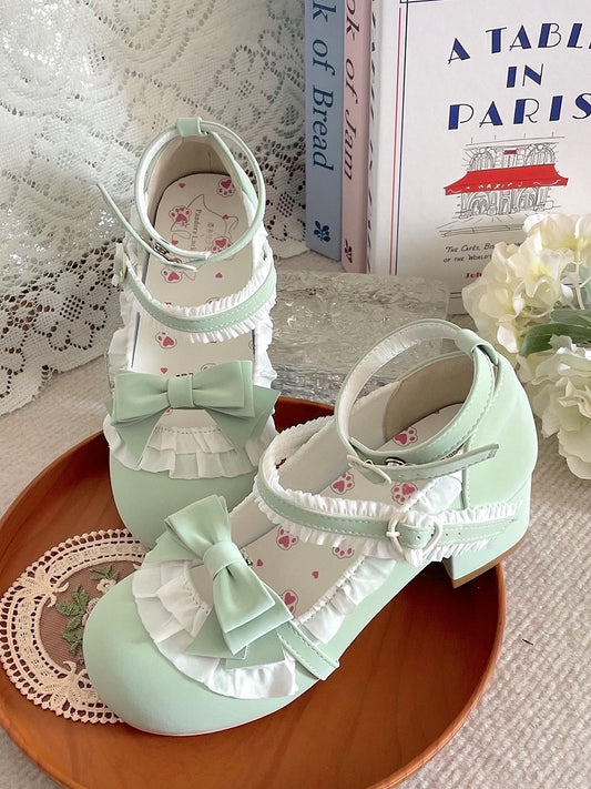 Green Sweet Lolita Mid-heel Mary Janes with Detachable Bow & Ruffles Trim