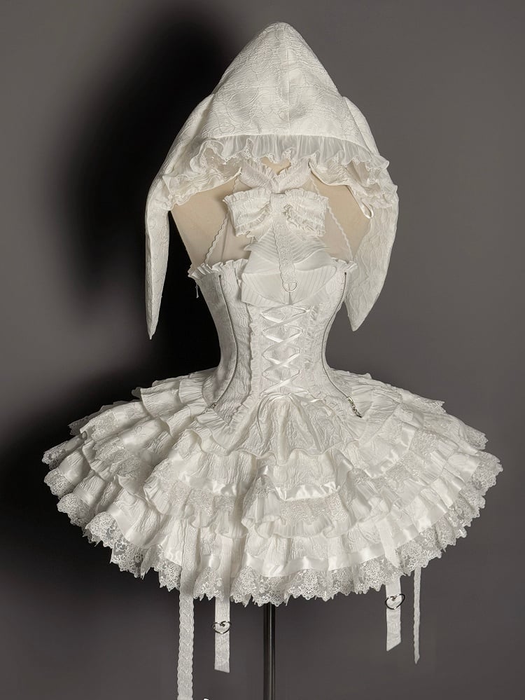 ホルターネック ロリータ ノースリーブ ゴシック スカート ティアード フル + シロ ホワイト トップ セット