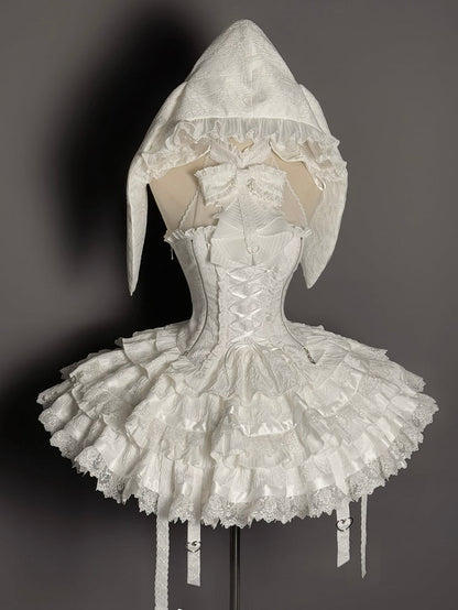 ホルターネック ロリータ ノースリーブ ゴシック スカート ティアード フル + シロ ホワイト トップ セット