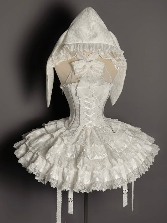 ホルターネック ロリータ ノースリーブ ゴシック スカート ティアード フル + シロ ホワイト トップ セット