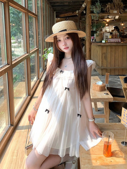 Sweet Apricot Dress with Bow and Lace Trim - Qchiwawameme