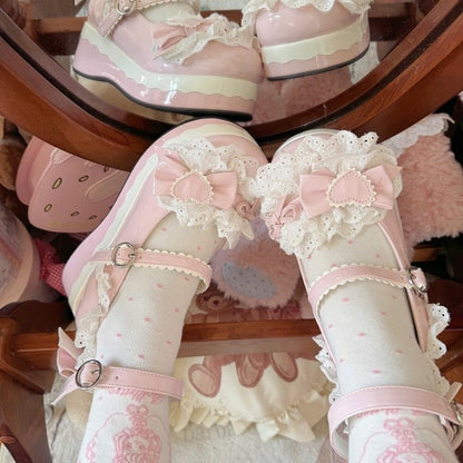 Lace Decor Heart - Sweet Lolita PU Trim Pink Platforms Bow Top