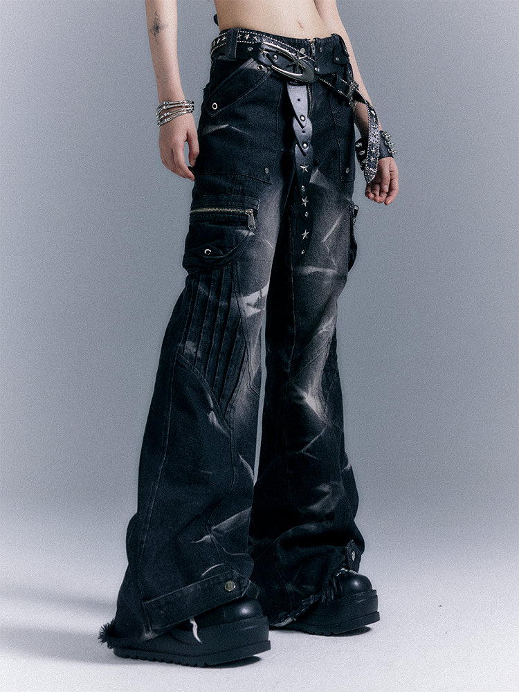 Washed Zippered Flare Black-Grey Studs Jeans Pockets Punk With