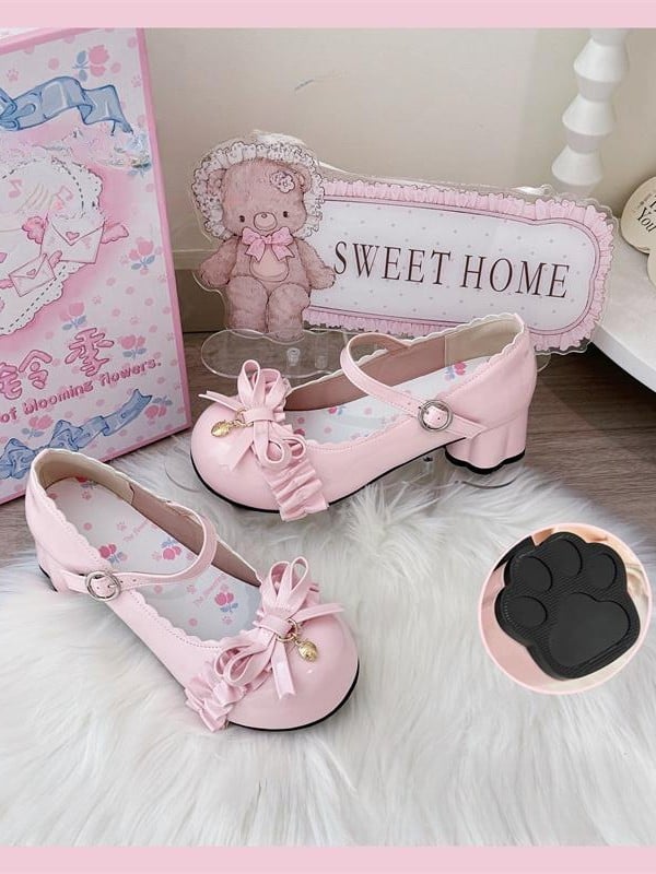 Scalloped Charm Toe and Hem Design with Round White Sweet PU Strawberry Lolita Mid-heel Shoes Bow