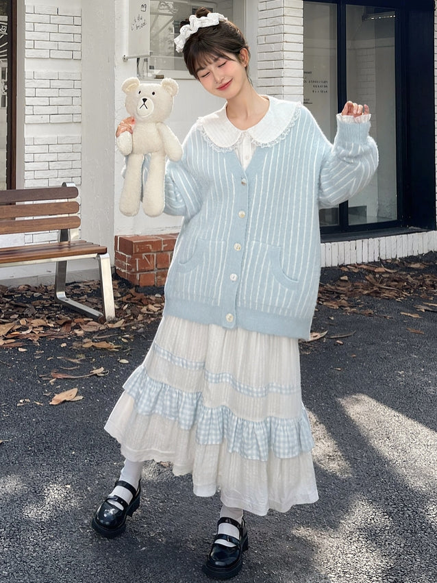 Cute Little Bear Plushie Adorned  Blue Striped Loose Cardigan