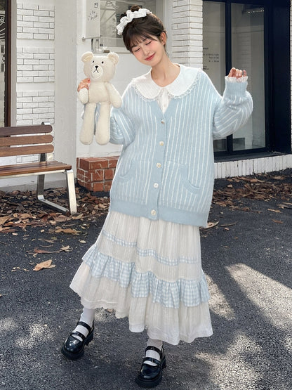 Cute Little Bear Plushie Adorned  Blue Striped Loose Cardigan