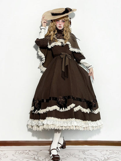 Brown Ruffle Neckline Lolita Dress with Waist Belt - MUYU