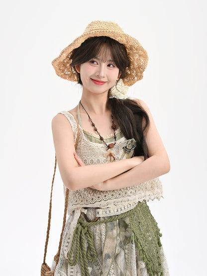 Floral Accent Beige Vest Hollow-Out Lace