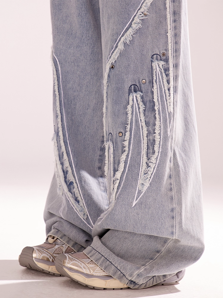 ヴィンテージ ワイドレッグ ジーンズ ライトブルー ライズ ウィングス 刺繍 アップリケ ローカット