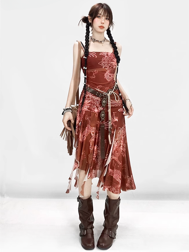 Wine Red Asymmetrical Hem Dragon Print Glamorous Spaghetti Strap Dress