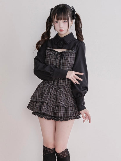 Dress Matching Fake Jirai Gray Long-Sleeve + Kei Two-Piece Set Shorts Plaid