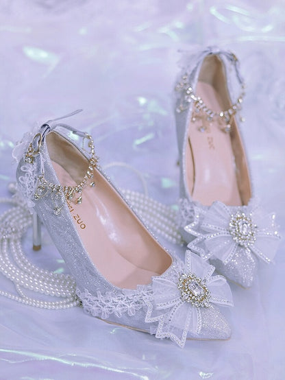 Silver Pointed Toe Heels with Crystal Details - One Night Language
