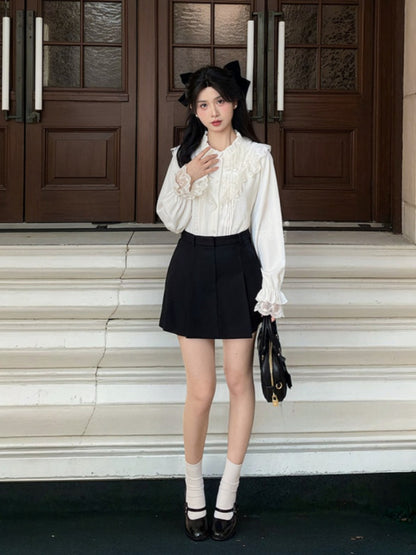 詳細 ブラウス ホワイト シフォン レーストリム 蝶結び フリル