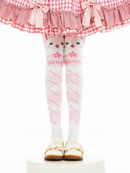 Pink Bunny Pattern Crisscorss Banded Over Knee Stockings