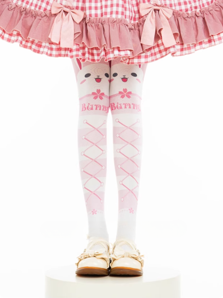 Pink Bunny Print Crisscross Banded Over Knee Stockings