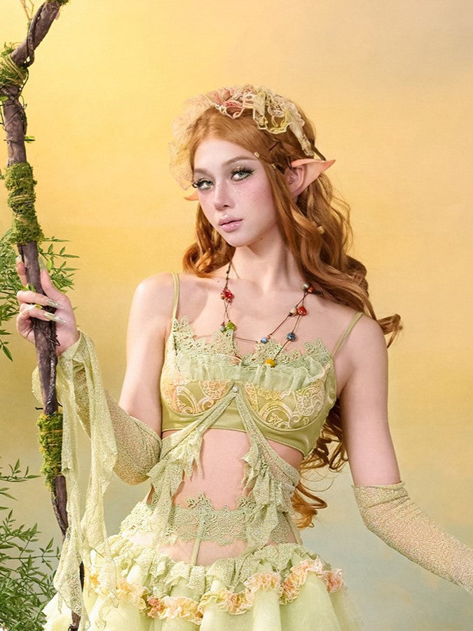 Green & Yellow Summer Fairycore Mori Kei Sleeveless Top with Lace Trim - Virtual Orbit